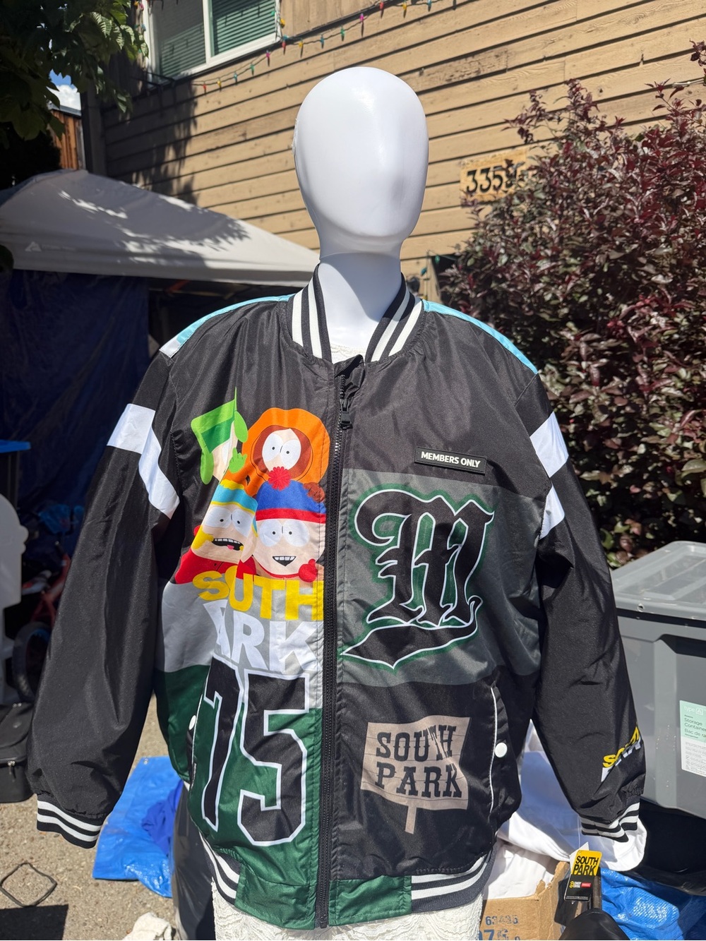 Members Only Black South Park Varsity Bomber Jacket with Multicolor Graphics